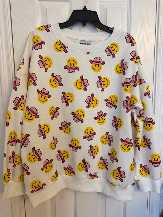 Katydid Sweaters - Katydid White Sweater with Yellow & Pink Smiley Cowboy Print